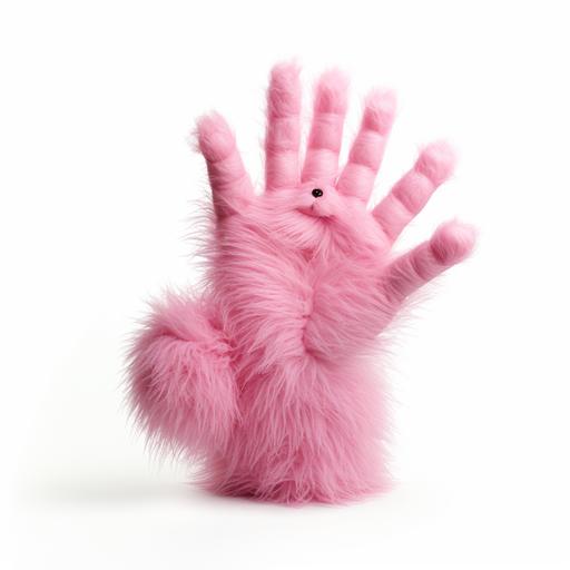 a furry fuzzy pink hand and wrist. looks like a friendly monster hand. photorealistic. white background.