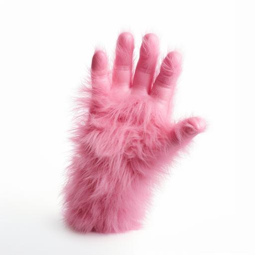 a furry fuzzy pink hand and wrist. looks like a friendly monster hand. photorealistic. white background.