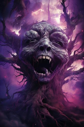 a fusion of a arboreal tree and a face with big sharp teeth, happy, smiling, purple smoke, purple fog, --ar 2:3