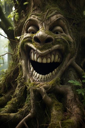 a fusion of a arboreal tree and a face with big sharp teeth, happy, smiling, --ar 2:3