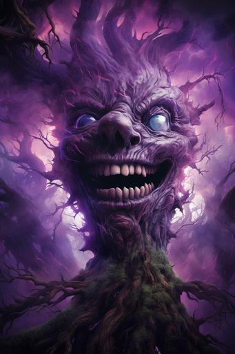 a fusion of a arboreal tree and a face with big sharp teeth, happy, smiling, purple smoke, purple fog, --ar 2:3