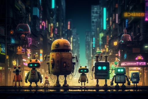 a future city street, with mech like robots, walking down the street, neon lights, neon shoes, in the style of Machinarium, Machinarium mixed with cyberpunk --ar 3:2