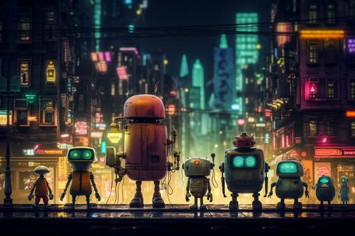 a future city street, with mech like robots, walking down the street, neon lights, neon shoes, in the style of Machinarium, Machinarium mixed with cyberpunk --ar 3:2