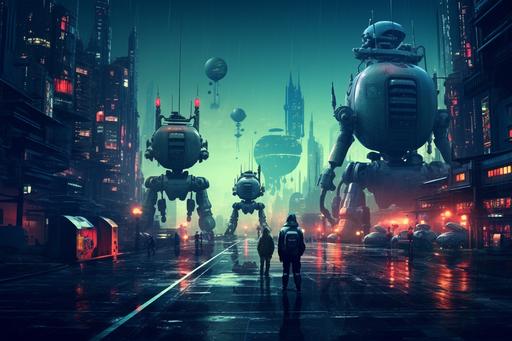 a future city street, with mech like robots, walking down the street, neon lights, neon shoes, in the style of Machinarium, Machinarium mixed with cyberpunk --ar 3:2