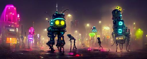 a future city street, with mech like robots, walking down the street, neon lights, neon shoes, in the style of Machinarium, Machinarium mixed with cyberpunk --seed 129127 --ar 32:9