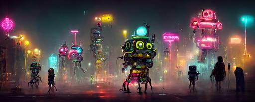 a future city street, with mech like robots, walking down the street, neon lights, neon shoes, in the style of Machinarium, Machinarium mixed with cyberpunk --seed 129127 --ar 32:9