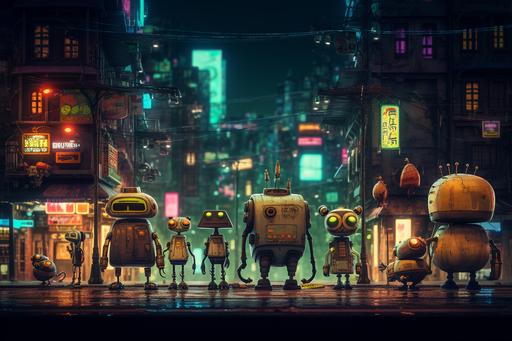 a future city street, with mech like robots, walking down the street, neon lights, neon shoes, in the style of Machinarium, Machinarium mixed with cyberpunk --ar 3:2