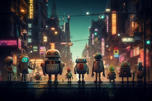 a future city street, with mech like robots, walking down the street, neon lights, neon shoes, in the style of Machinarium, Machinarium mixed with cyberpunk --ar 3:2