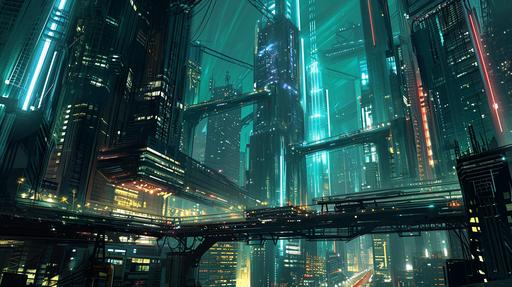 a futuristic cityscape with towering skyscrapers interconnected by sleek, illuminated gantry bridges, neon lights reflecting off the glass buildings, showcasing a blend of modern architecture and advanced urban planning, cyberpunk style --ar 16:9 --v 6.0