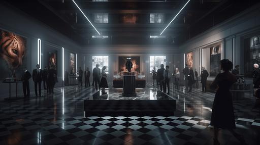 a futuristic gallery with AI generated art works, people in expensive clothes mingling and looking at the art. In the center of the gallery is a chocolate fountain with a fluffy cat on top. Black and white checkered marble floor. Dark lighting. A bit mystical [8k, realism, cinematic, backlighting] --ar 16:9 --q 2 --v 5 --s 1000