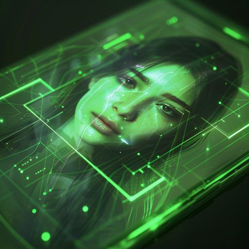 a futuristic glass tablet that projects a holographic image of a beautiful girl. The image is glowing green and is floating on top of the glass screen. Sci-fi, photorealistic