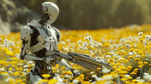 a futuristic half-human, half robot soldier holding a weapon and standing in field of yellow daisies. --ar 16:9