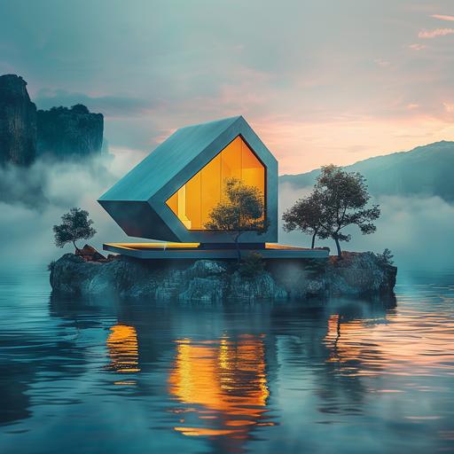 a futuristic house floating on an island in the middle of the water, windows light glowing inside the cube shaped house, foggy mountains in the background, sunset, double exposure photography in the style of hyper realistic, futuristic, beautiful colors, a yellow and blue color gradient, cinematic, golden hour, golden light, water reflections, hyper detailed, magazine style, advertising photography, an award winning photo, high resolution, hyper realistic
