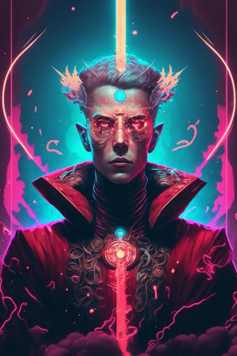 a futuristic male celestialpunk monk, red robes made out of water, blade runner, akira, ghost in the shell, 2077, style of Laurie Greasley and Satoshi Kon + symmetric lights and smoke, psychedelic effects , glowing particles, neon rain, glowing runes, de-noise, symmetrical composition, high detailed + tarot card, ornate border, :: 8k, --ar 2:3