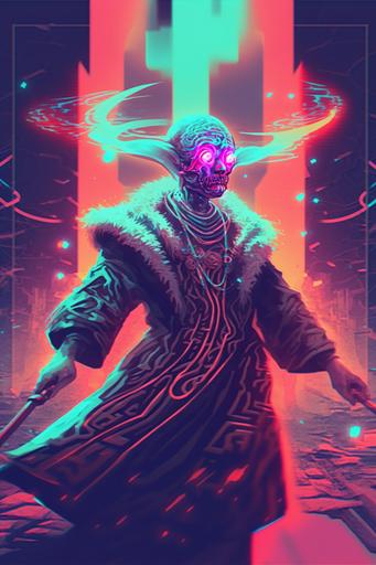 a futuristic male celestialpunk monk, red robes made out of water, blade runner, akira, ghost in the shell, 2077, style of Laurie Greasley and Satoshi Kon + symmetric lights and smoke, psychedelic effects , glowing particles, neon rain, glowing runes, de-noise, symmetrical composition, high detailed + tarot card, ornate border, :: 8k, --ar 2:3 --niji