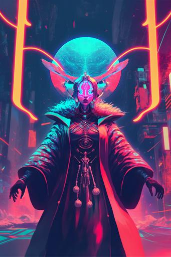 a futuristic male celestialpunk monk, red robes made out of water, blade runner, akira, ghost in the shell, 2077, style of Laurie Greasley and Satoshi Kon + symmetric lights and smoke, psychedelic effects , glowing particles, neon rain, glowing runes, de-noise, symmetrical composition, high detailed + tarot card, ornate border, :: 8k, --ar 2:3 --niji