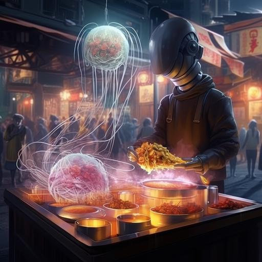 a futuristic street, robot vendor selling to robot customers, street vendor selling bowls of glowing spaghetti noodles, science fiction