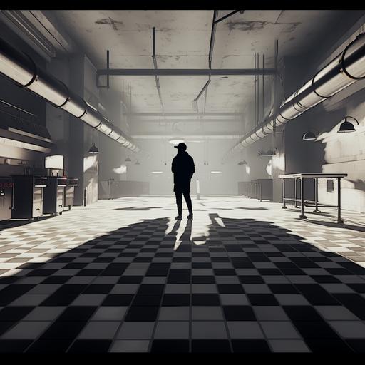a futurustic parkour deathrun with many hints of gold, the floor of the level is a black and white tiled kitchen floor, the environments is indoors, don't put tube like structures everywhere, The theme of this level is culinary arts and the kitchen, and all the obstacles and parkour involve kitchen and cooking elements, include cookware, silverware, dishes, toasters and more, lots of neutral colors with gold and blue hints, upscale and precise artstyle minimalism