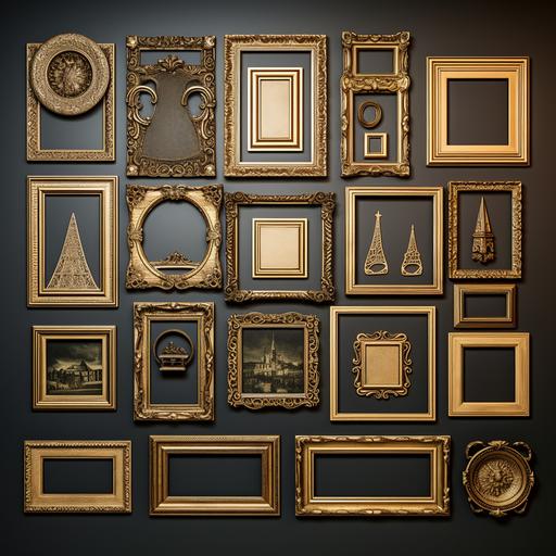 a gallery wall of ornate vintage bronze picture frames in multiple shapes:: inside each frame is a picture of major landmarks around the world, no background