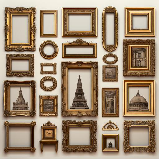 a gallery wall of ornate vintage bronze picture frames in multiple shapes:: inside each frame is a picture of major landmarks around the world, no background
