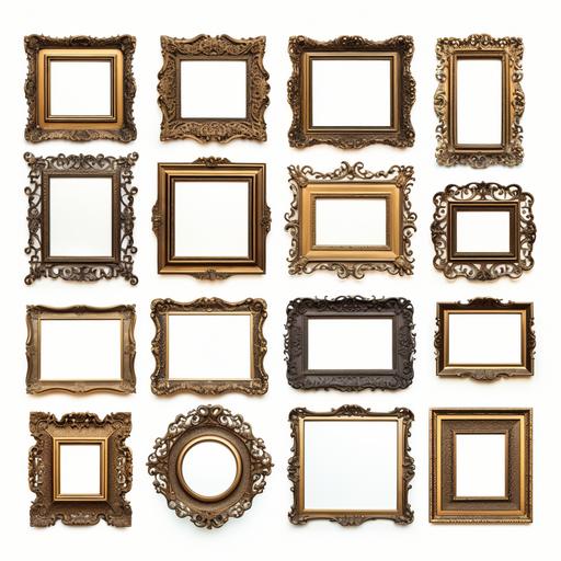 a gallery wall of ornate vintage bronze picture frames, no background