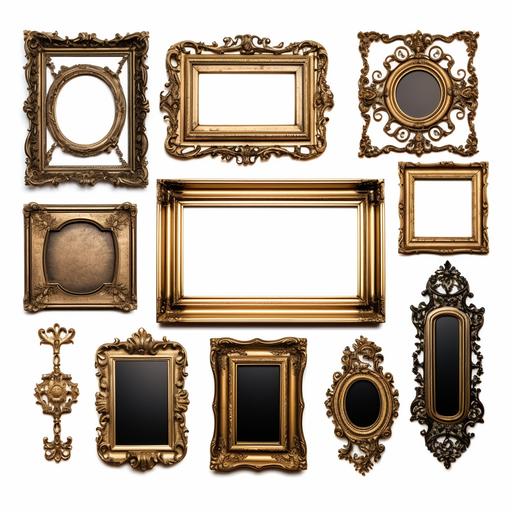a gallery wall of ornate vintage bronze picture frames, no background