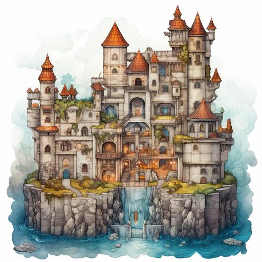 a game board with grid, castle map with basement, view from aside, white background, coloroful, fantasy, illustration style