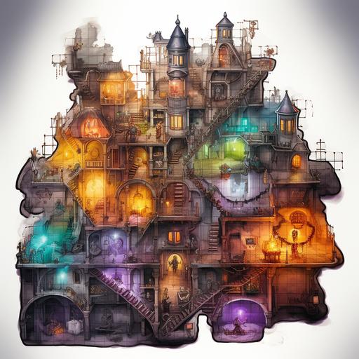 a game board with grid, transparent walls in center, castle map with basement, ghosts in basement, view from aside, white background, coloroful, fantasy, illustration style