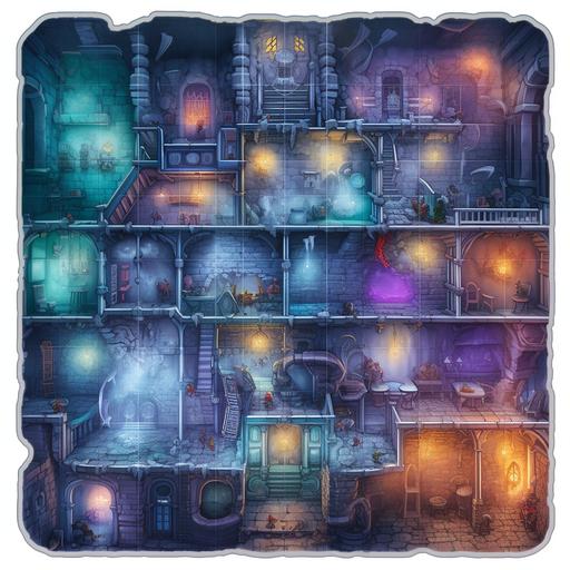 a game board with grid, transparent walls in center, castle map with basement, ghosts in basement, view from aside, white background, coloroful, fantasy, illustration style