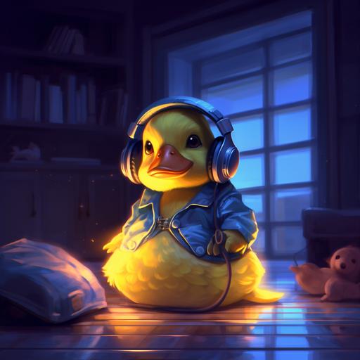 a gamer trendy rubber duck, wearing headphones, in a room, night time, cozy vibes --v 5.1