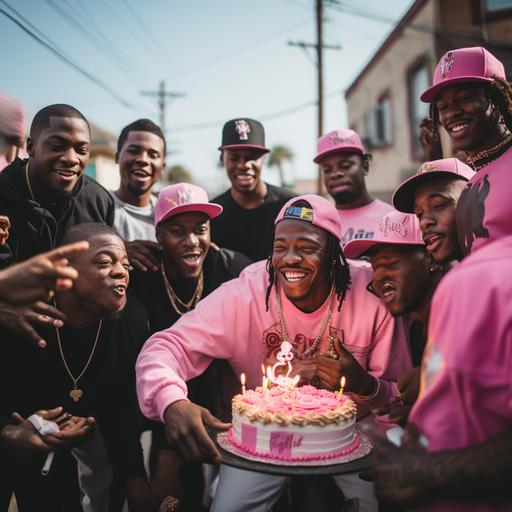 a gang throwing a pink birthday party for another gang member in the hood but they are all very happy and smiling