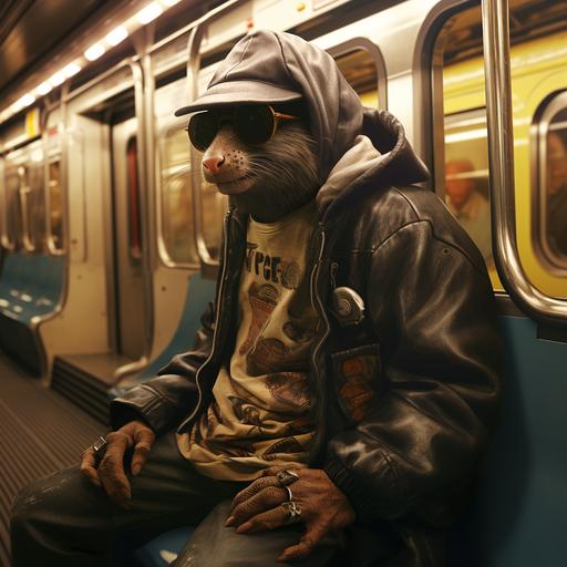 a gangster rat sitting on the nyc subway