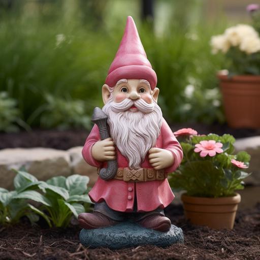 a garden with gnome statue and resin pink color famingo statues