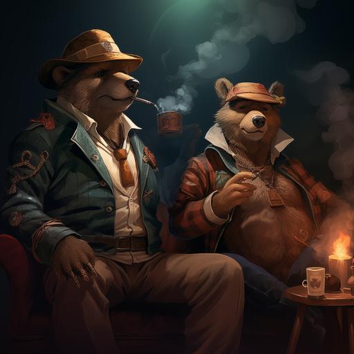 a gay pup character and a gay leather bear both smoking cigars