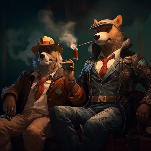 a gay pup character and a gay leather bear both smoking cigars