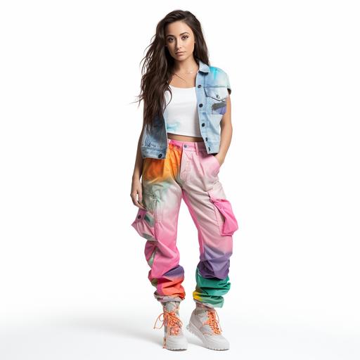 a gen z trendy woman wearing colorful cargo pants with pockets. photorealistic. full body. white background.