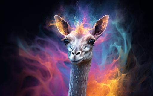 a gerenuk portrait of fractals, generative art, mathematical art, vivid colors, pathways of stars, pathways of fireworks, cloudy and smokey backdrop, volumetric, spectral, 32k, UHD --ar 16:10 --c 10 --style raw