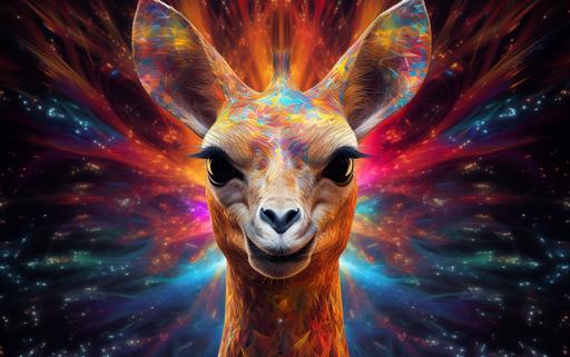 a gerenuk portrait of fractals, generative art, mathematical art, vivid colors, pathways of stars, pathways of fireworks, cloudy and dark backdrop --ar 16:10 --c 10 --style raw
