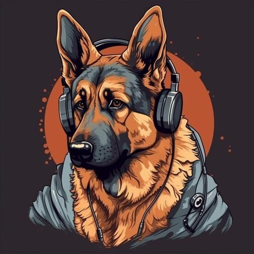 a german shepherd dog with headphone in cartoon style in hight quality, 8k --v 5 --s 750