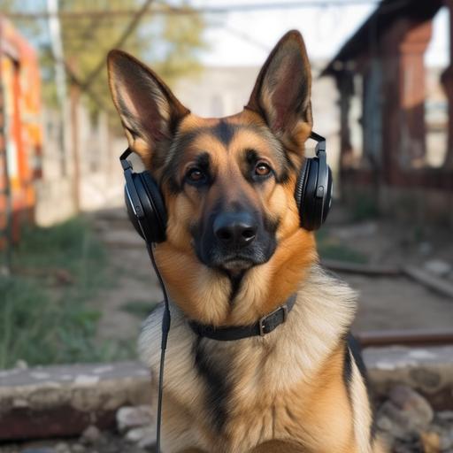 a german shepherd dog with headphones --v 5 --s 750