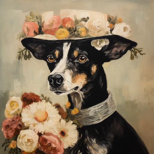 a german sherpherd dog in a wedding dress spending holding a bouquet a flowers and wearing a large hat. picasso style painting.