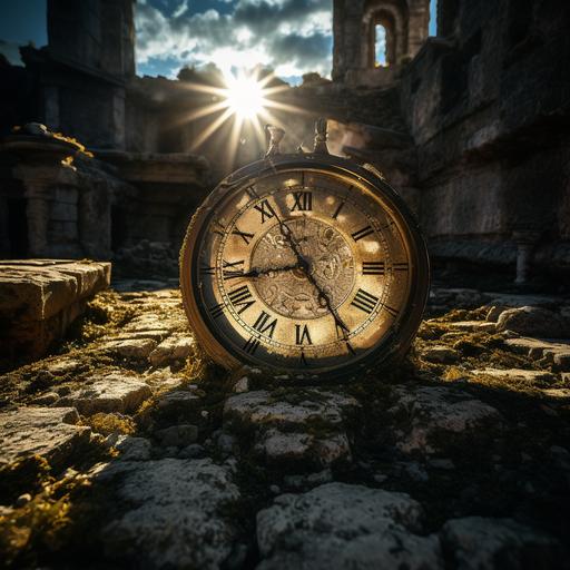 a giant ancient mythological roman clock with roman numerals found in the rubble of an old roman empire, picture taken of it with a micro lense, focusing on the clock itself, giving us all the details in order to still tell the time