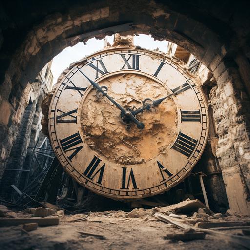 a giant ancient roman clock with roman numerals found in the rubble of an old roman empire, picture taken of it with a micro lense, focusing on the clock itself, giving us all the details in order to still tell the time