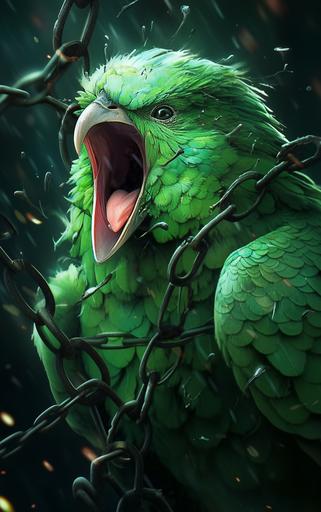 a giant angry kakapo bird trying to escape a cage, deathcore, Realistic Anime Style by Nginx, trending on zbrush, featured on pixiv, artstation, octane render, hyperrealistic photography, --niji 5 --ar 25:40