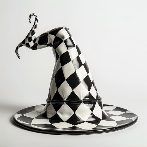 a giant black and white patterned clown hat, on a white background
