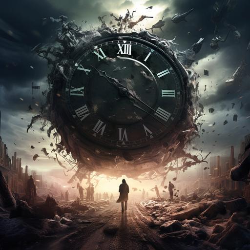 a giant clock monster freezing time so people can not move in the meantime a plane comes and drops nuclear waste over the floor when the time un freezes the world every criminal escapes and dies in the acid then a car comes and crashes in to the acid but survives
