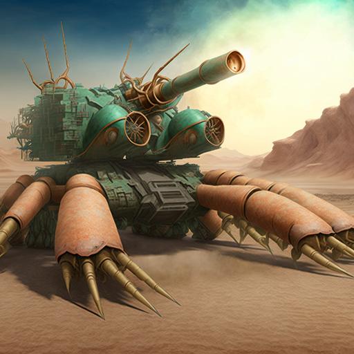 a giant crab tank made out of jade and gold going through a desert firing it's cannons --v 4