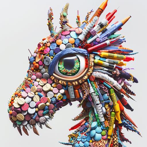 a giant epic dragon with the body made of syringes and pills sticked togheter, eye made of pills, hand drawing, abstract --v 6.0