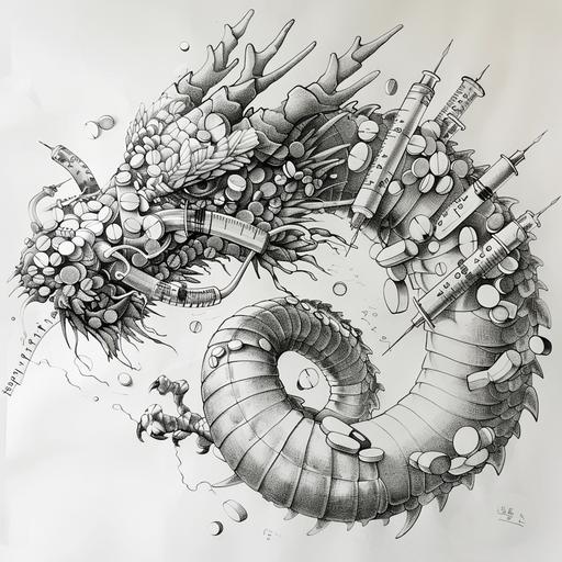 a giant epic dragon with the body made of syringes and pills sticked togheter, eye made of pills, hand drawing, surrealism --v 6.0