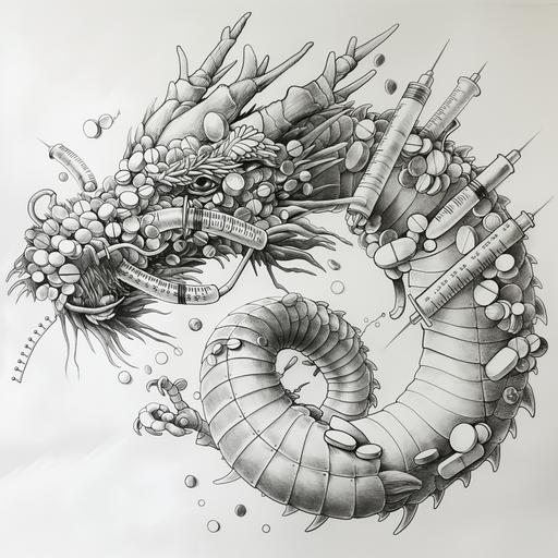 a giant epic dragon with the body made of syringes and pills sticked togheter, eye made of pills, hand drawing, surrealism --v 6.0
